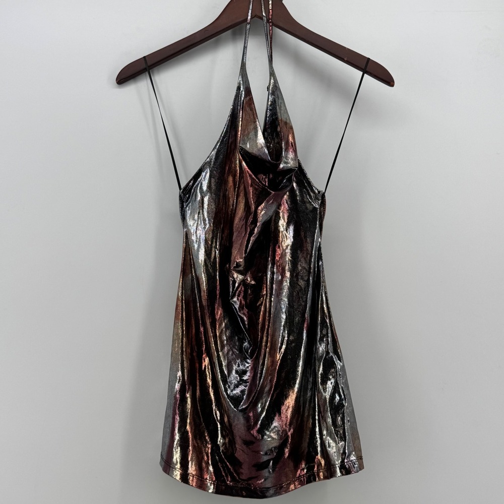 Pull&Bear Womens XS Metallic Iridescent Halter Top Cowl Neck Open Back Silver